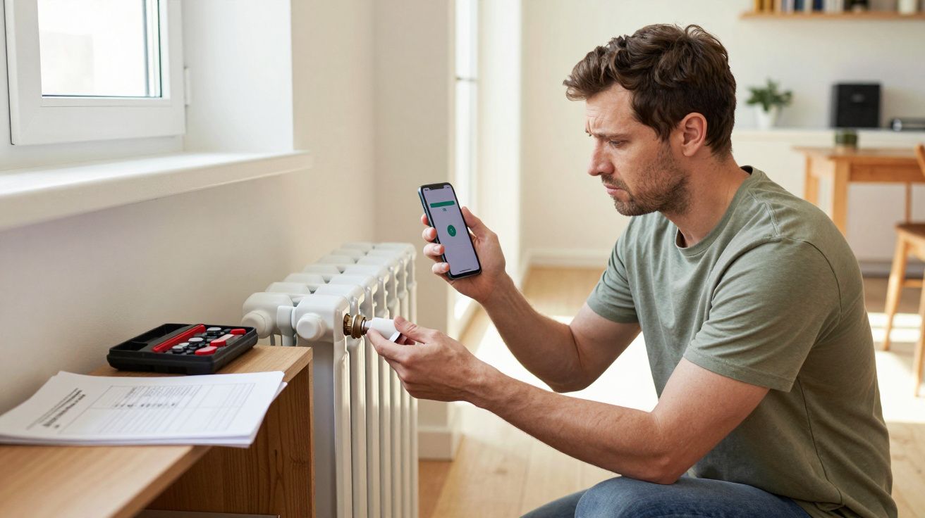Man adjusting radiator with smartphone, tools and manual nearby in a bright room.