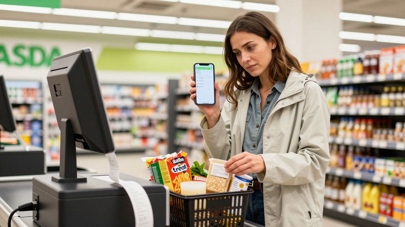 Woman scanning groceries at a self-checkout counter, holding a smartphone for contactless payment in a supermarket.