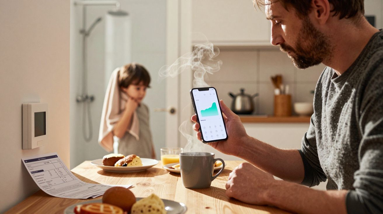 Man at breakfast table checking smartphone, child in background, steam rising from coffee cup, thermostat and paper visible.