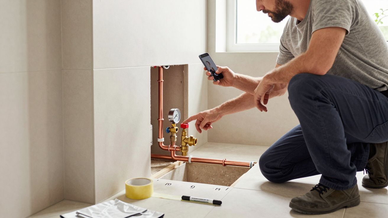 A person kneels near exposed plumbing, pointing and photographing a gauge beside copper pipes in a tiled room.