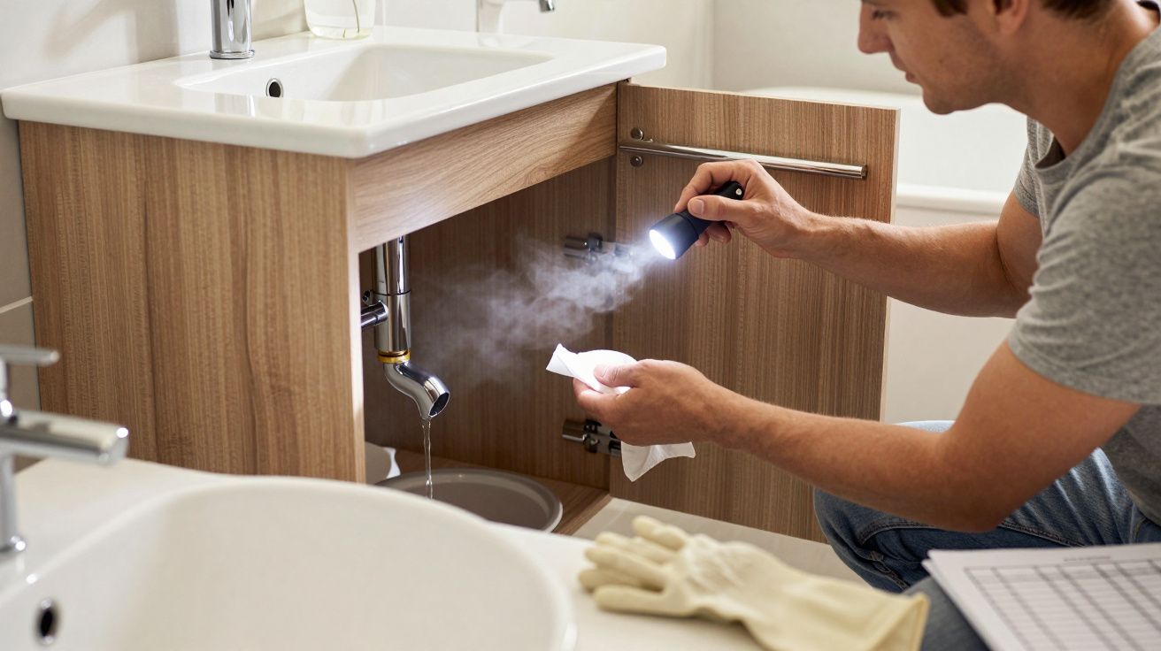 Man inspecting leaking sink pipe with torch and tissue under bathroom cabinet.