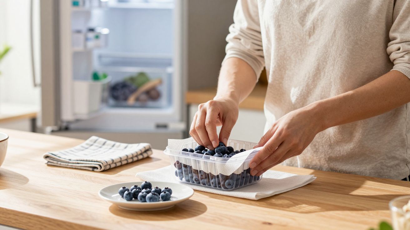 Person preparing blueberries at a kitchen counter with fridge open in the background.