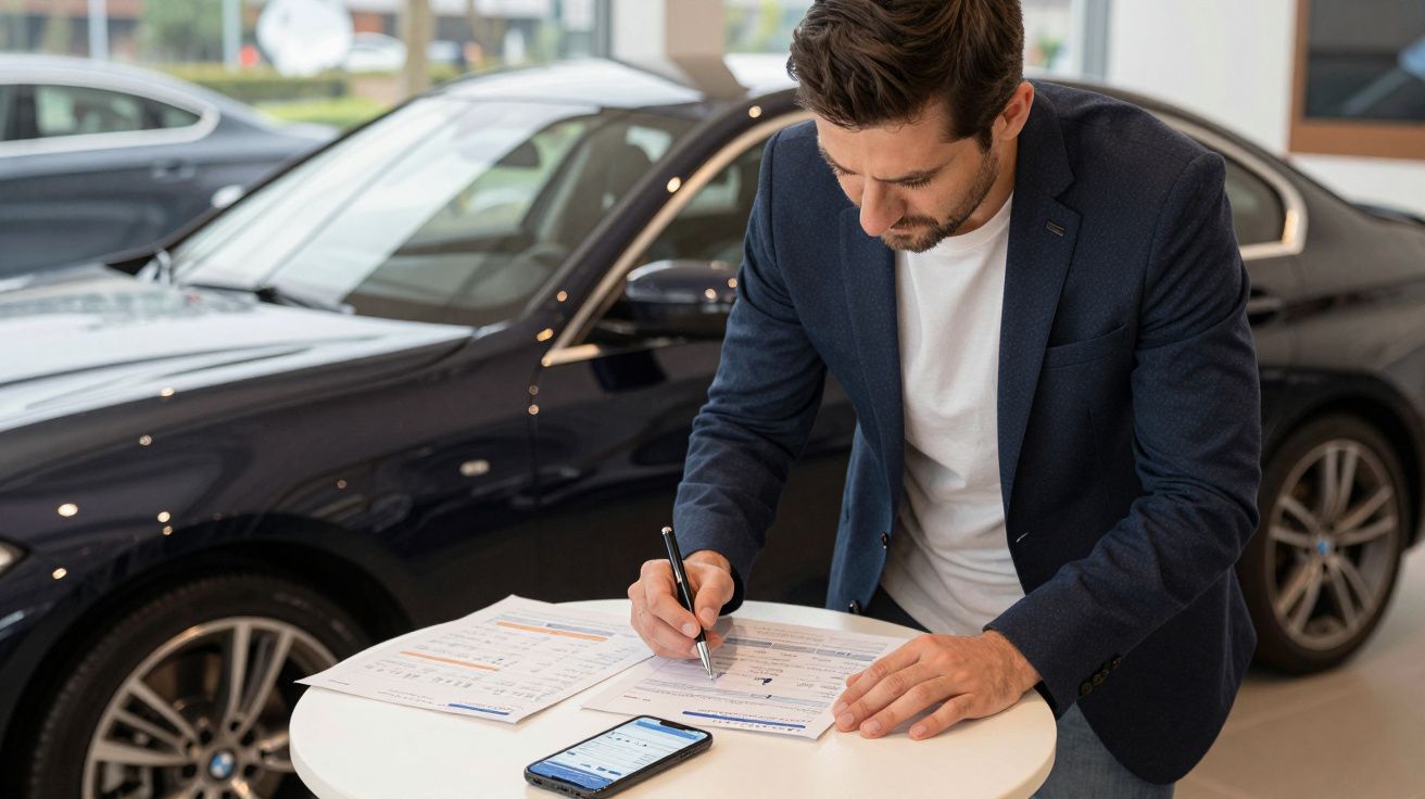 Man in blue blazer signing papers at a dealership, with a phone and dark car nearby.
