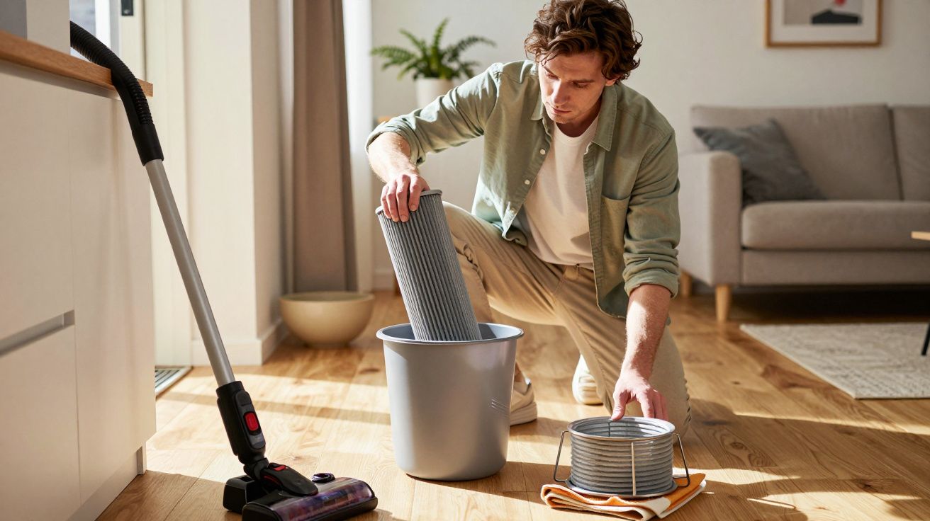 Man cleaning vacuum filter in living room, kneeling by bin and holding filter, vacuum cleaner nearby on wooden floor.