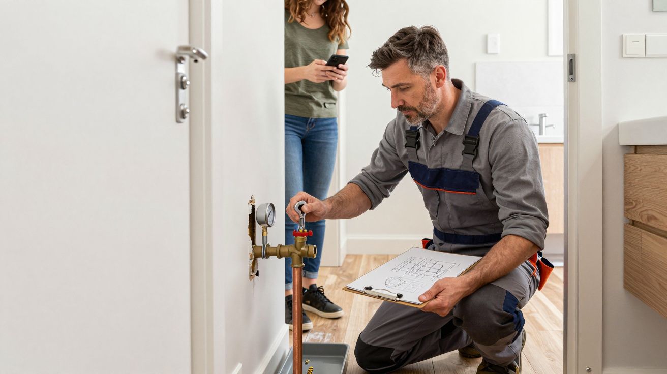 Plumber in grey uniform kneeling to inspect a pipe with clipboard, while woman stands in background using a smartphone.