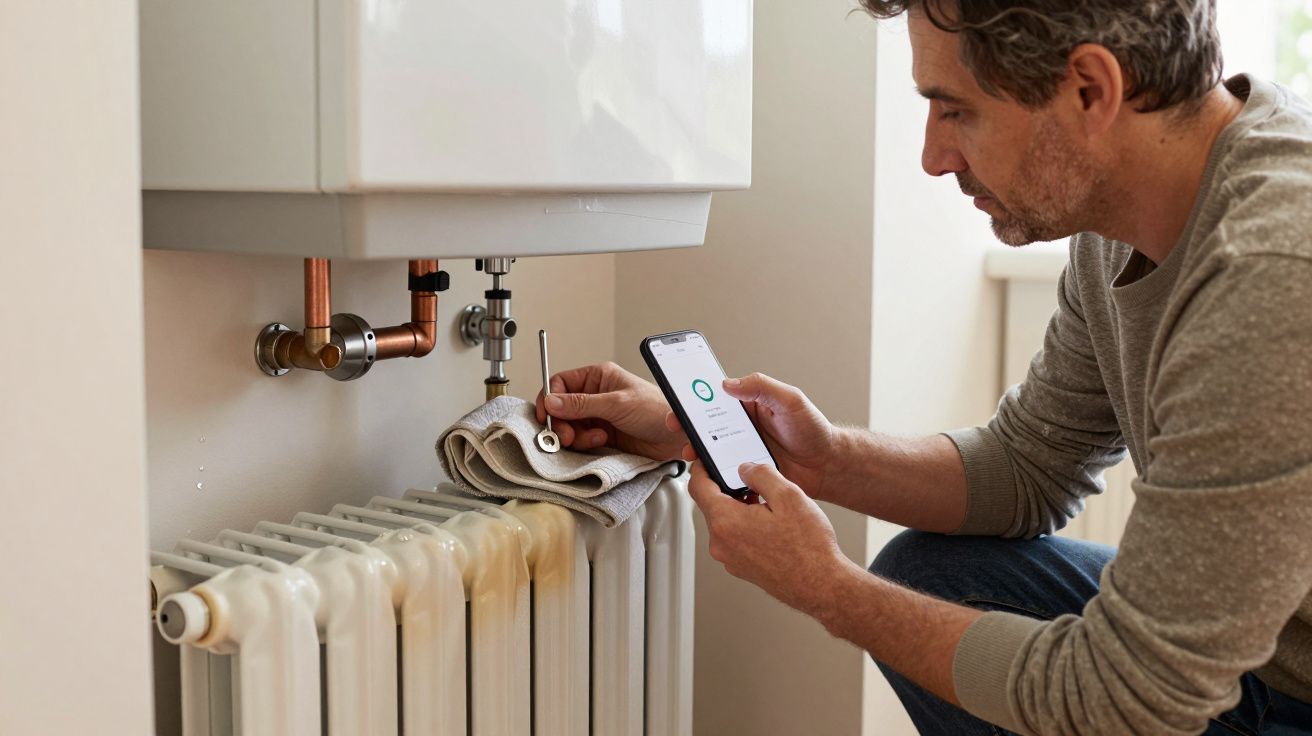 Man checking radiator with phone app, holding tool and cloth, beside a white wall-mounted heater.