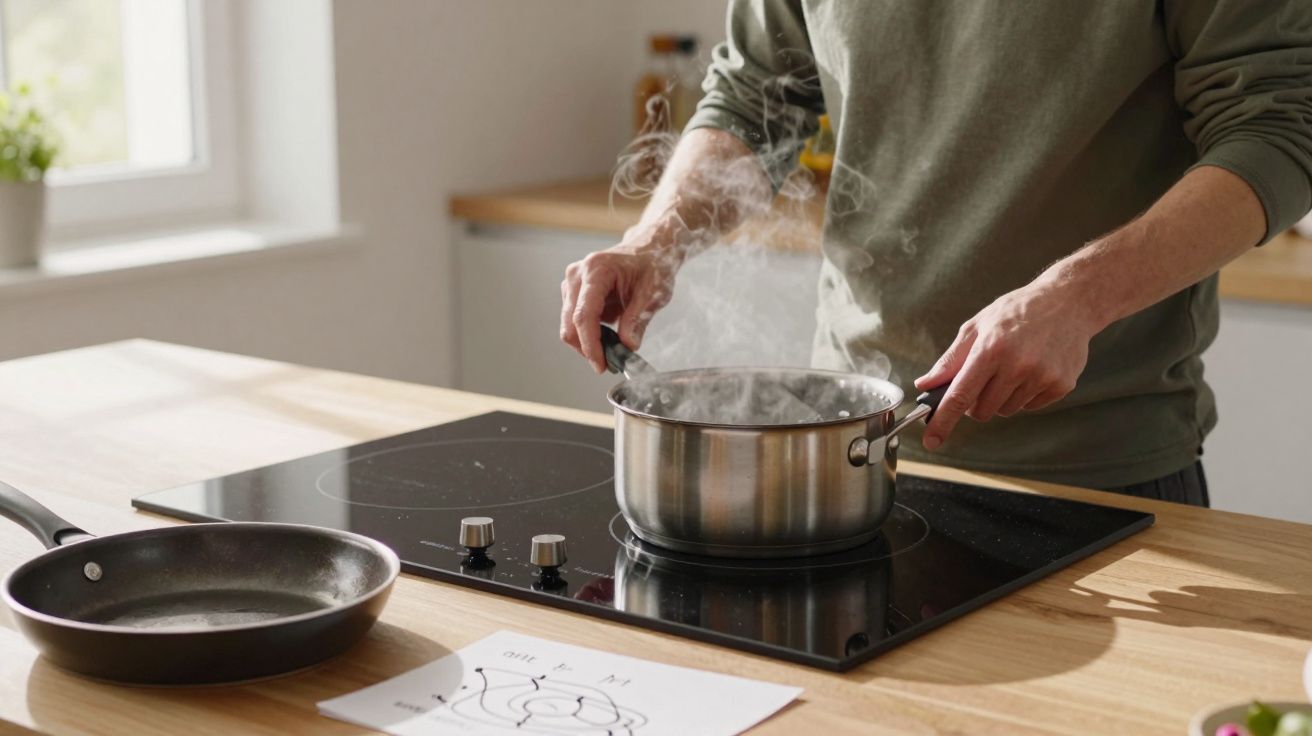Person cooking on an induction hob with a steaming pot in a bright kitchen.