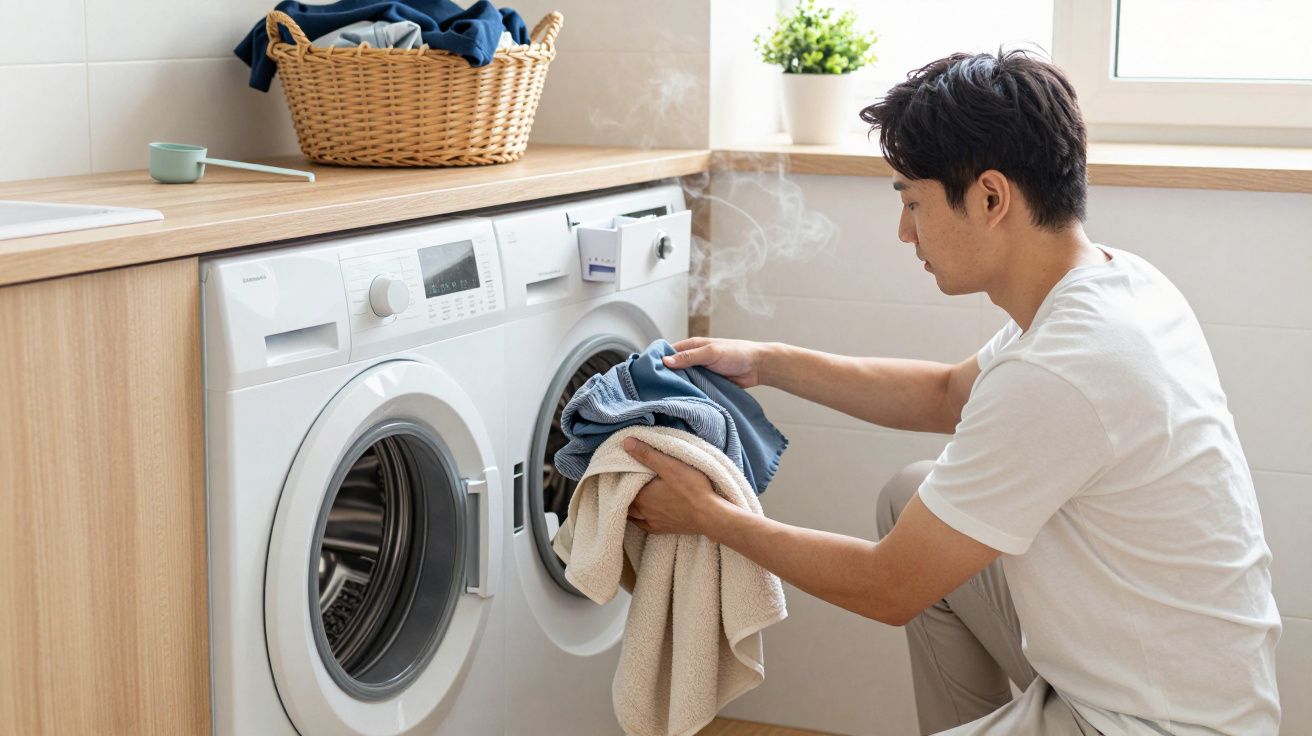 Man loading clothes into a washing machine, with steam visible and a laundry basket on the counter above.