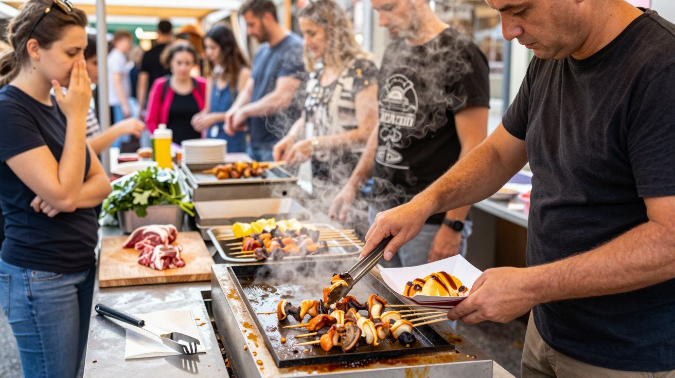 Man grilling sausages and vegetables outdoors, surrounded by people in queue, with fresh ingredients on the side.