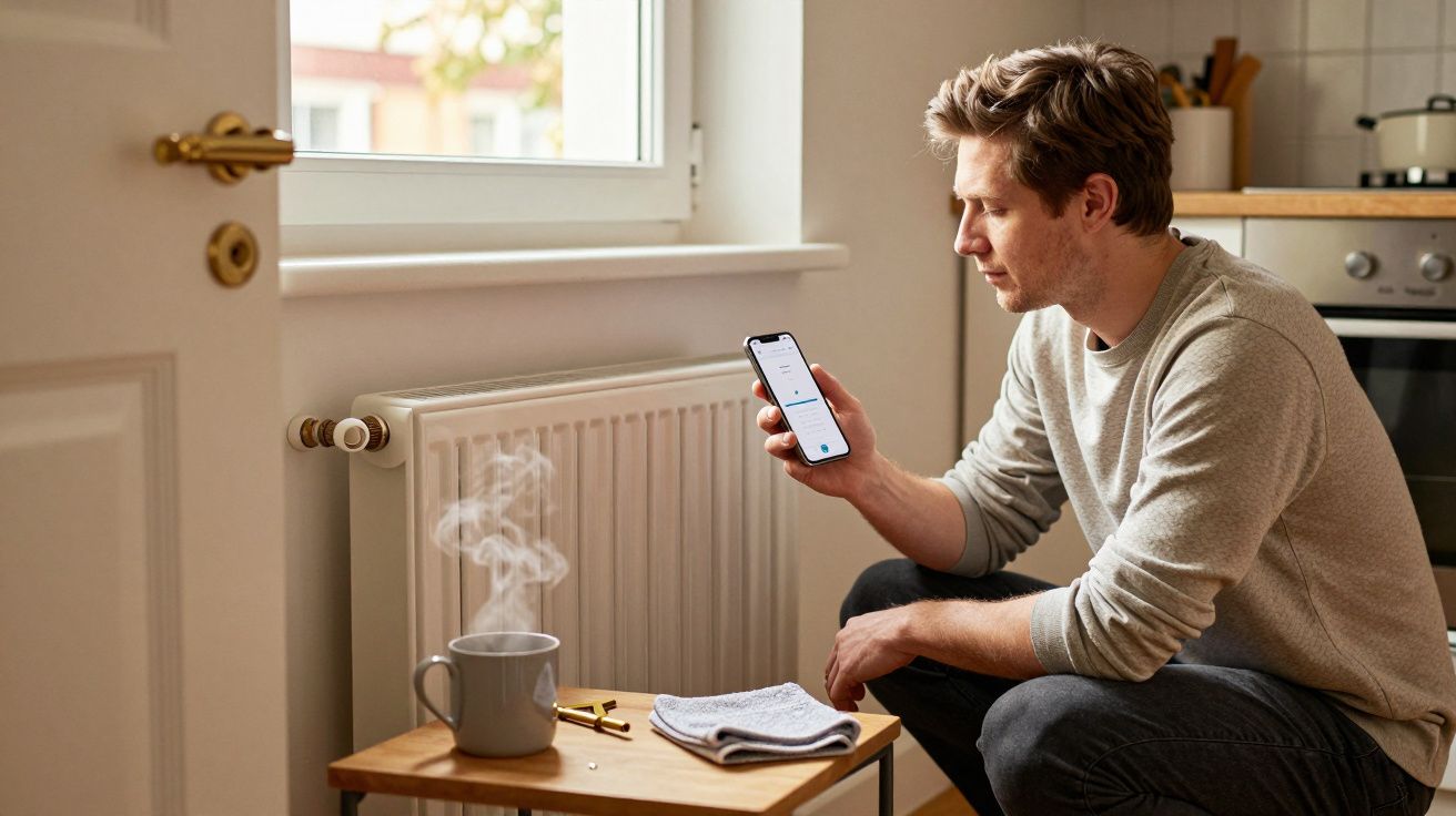 Man adjusting home heating on smartphone app, seated by radiator with steaming mug and towel on table.