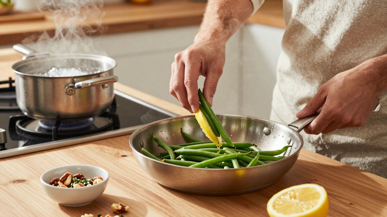 Person cooking green beans in a pan, squeezing lemon juice over them, with a pot and spices on a wooden countertop.