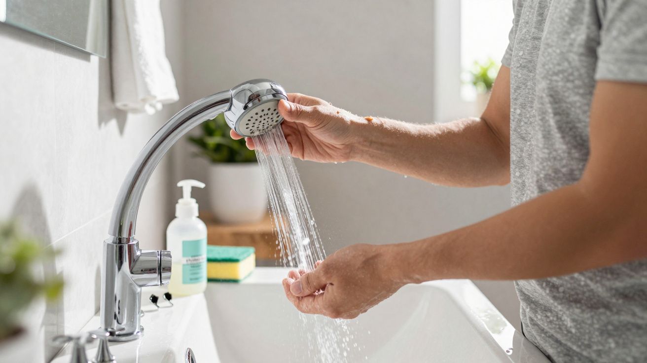 Person washing hands under running water from a bathroom tap, with soap and plant visible in the background.