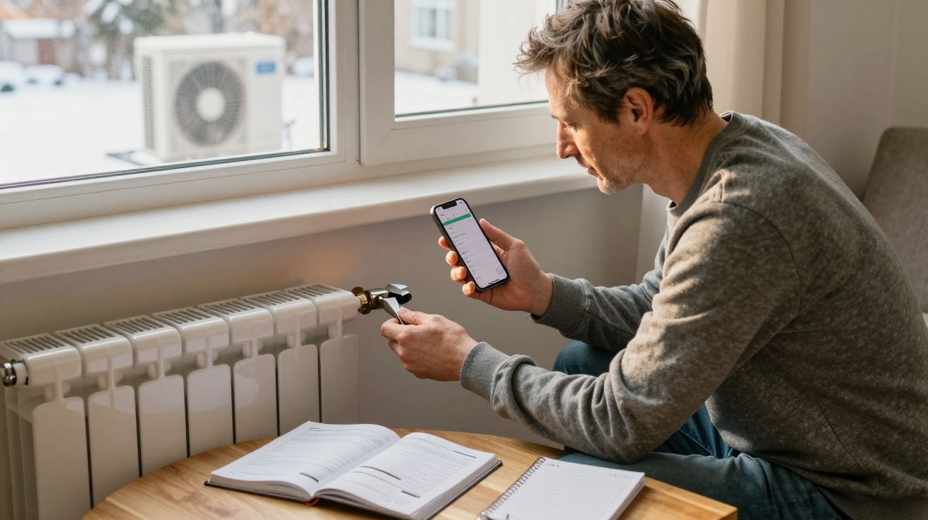 Man adjusting radiator while using smartphone app, with open notebook on nearby table.