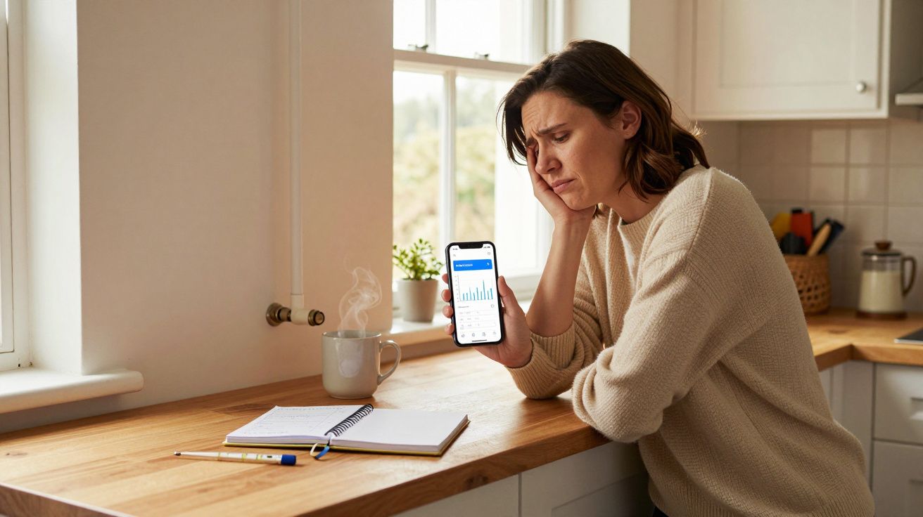 Woman in kitchen looks worried while holding phone displaying a graph, with a notebook and coffee on the counter.