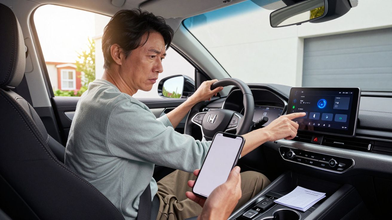 Man in car interacts with touchscreen display while another holds a phone, parked in front of a house.