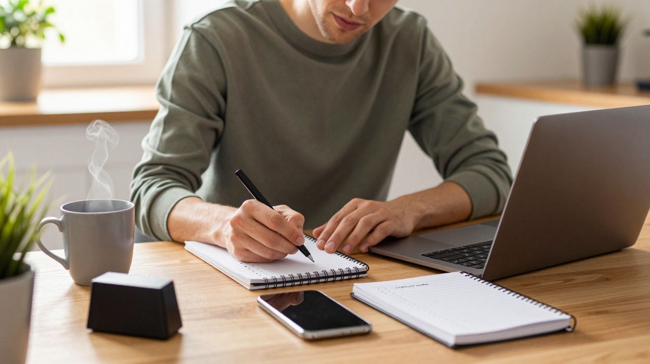Man writing in notebook at desk with laptop, smartphone, mug, and plant nearby.