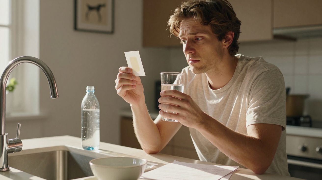 Man examining a small packet while holding a glass of water in a kitchen setting with a bottle in the background.