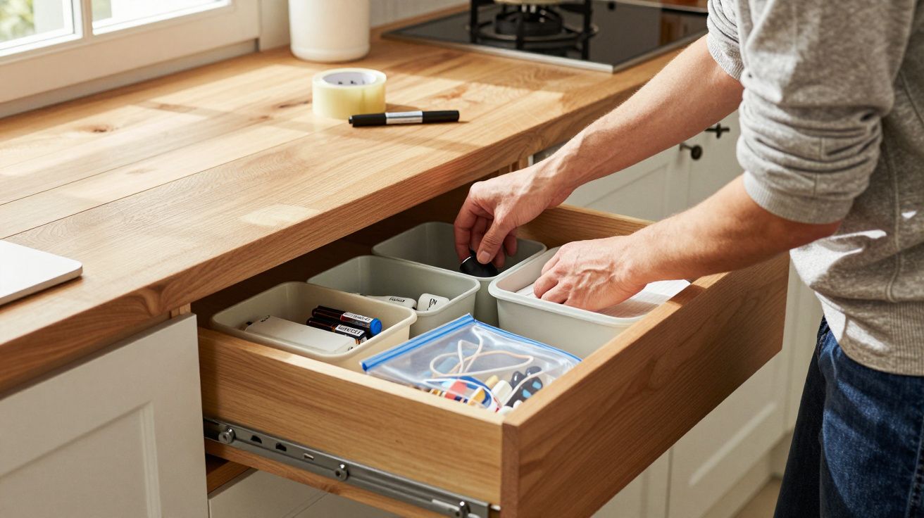 Person organising a kitchen drawer with dividers, storing small items like batteries and cables on a wooden countertop.