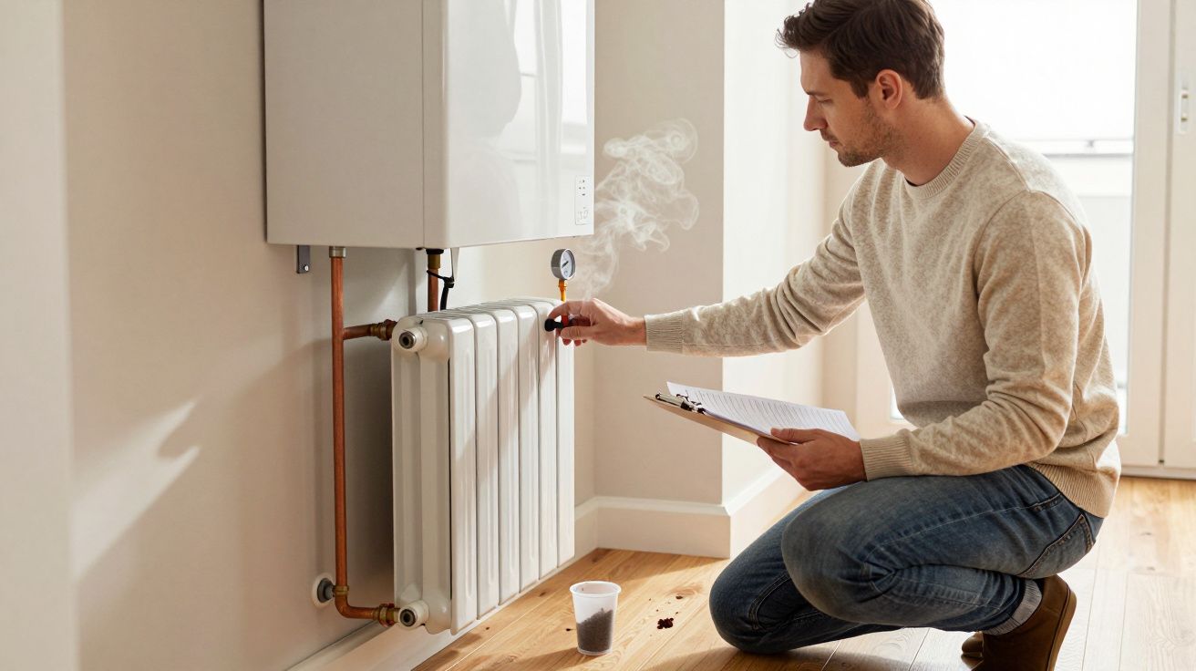 Man kneeling to check radiator pressure with a gauge, holding a clipboard and using a cup to collect water.