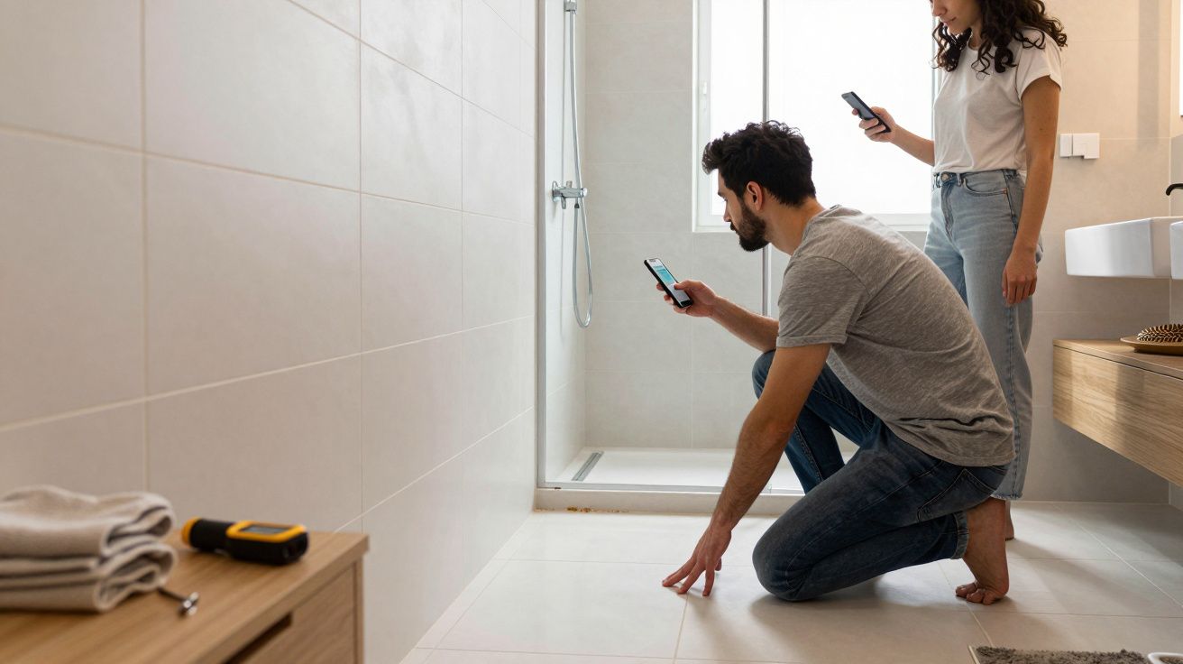 Two people in a bathroom, using smartphones to inspect or photograph areas near a shower.