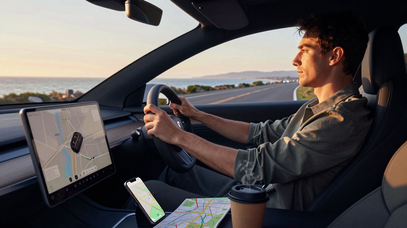 Man driving a car along a coastal road, using a touchscreen GPS, with a coffee and paper map nearby.