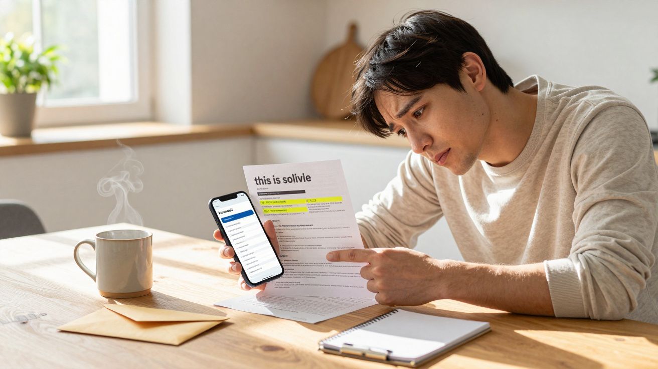 Man examining a document and phone screen at a table with a mug and notebook, in a bright room.