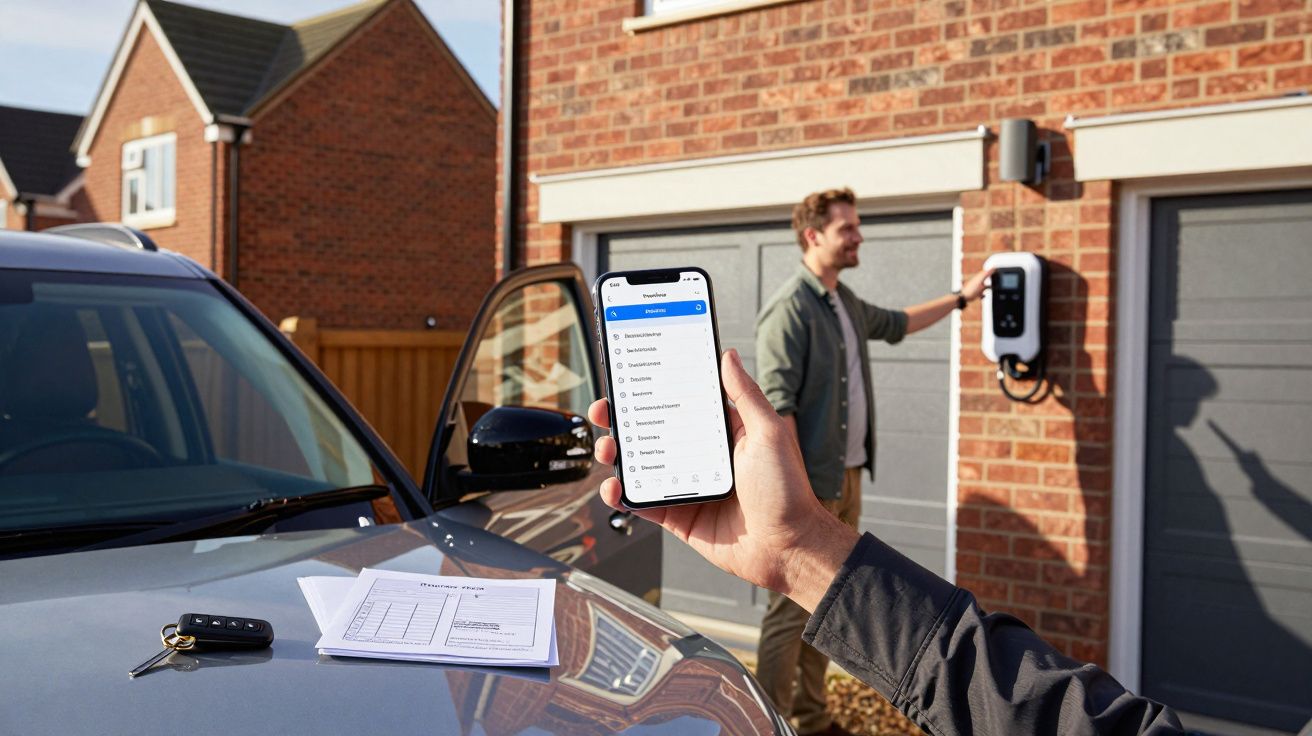 Person holding smartphone near car with keys, another person using a wall charger outside a brick house on a sunny day.