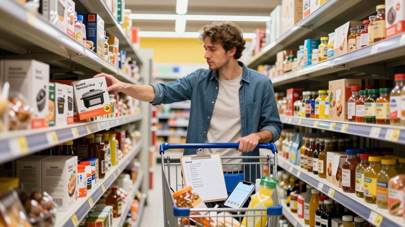 Man shopping in a supermarket, holding a toaster box, with a trolley containing groceries and a shopping list.