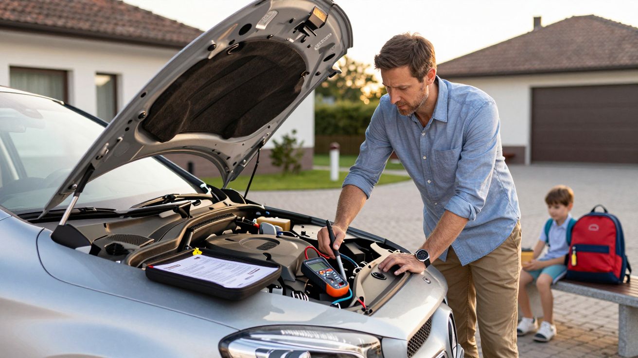 Man checking car engine with a diagnostic tool, clipboard on bonnet; child with backpack sits nearby on a bench.