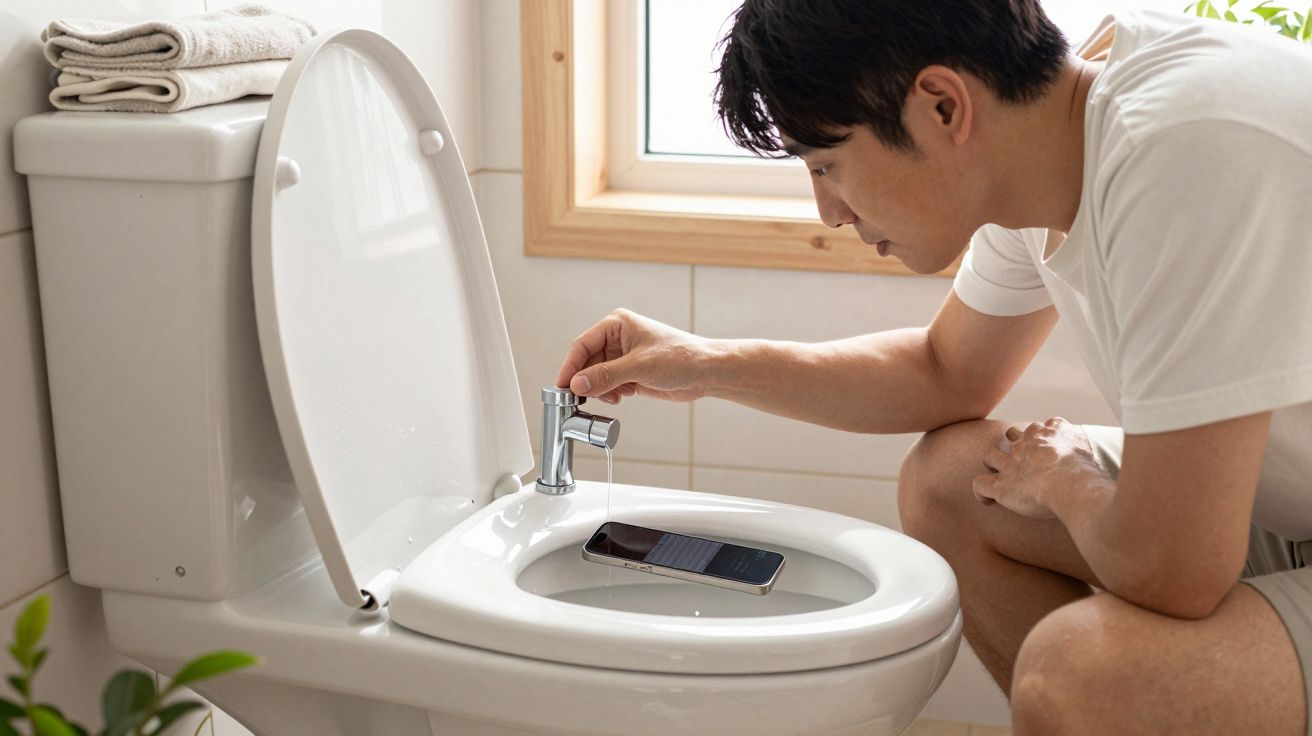 Man in bathroom looking at phone placed inside toilet bowl near window.