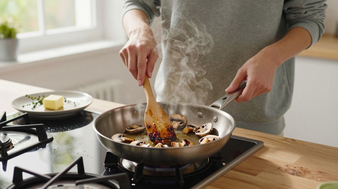 Person cooking mushrooms in a pan on a stove, stirring with a wooden spoon, with steam rising.