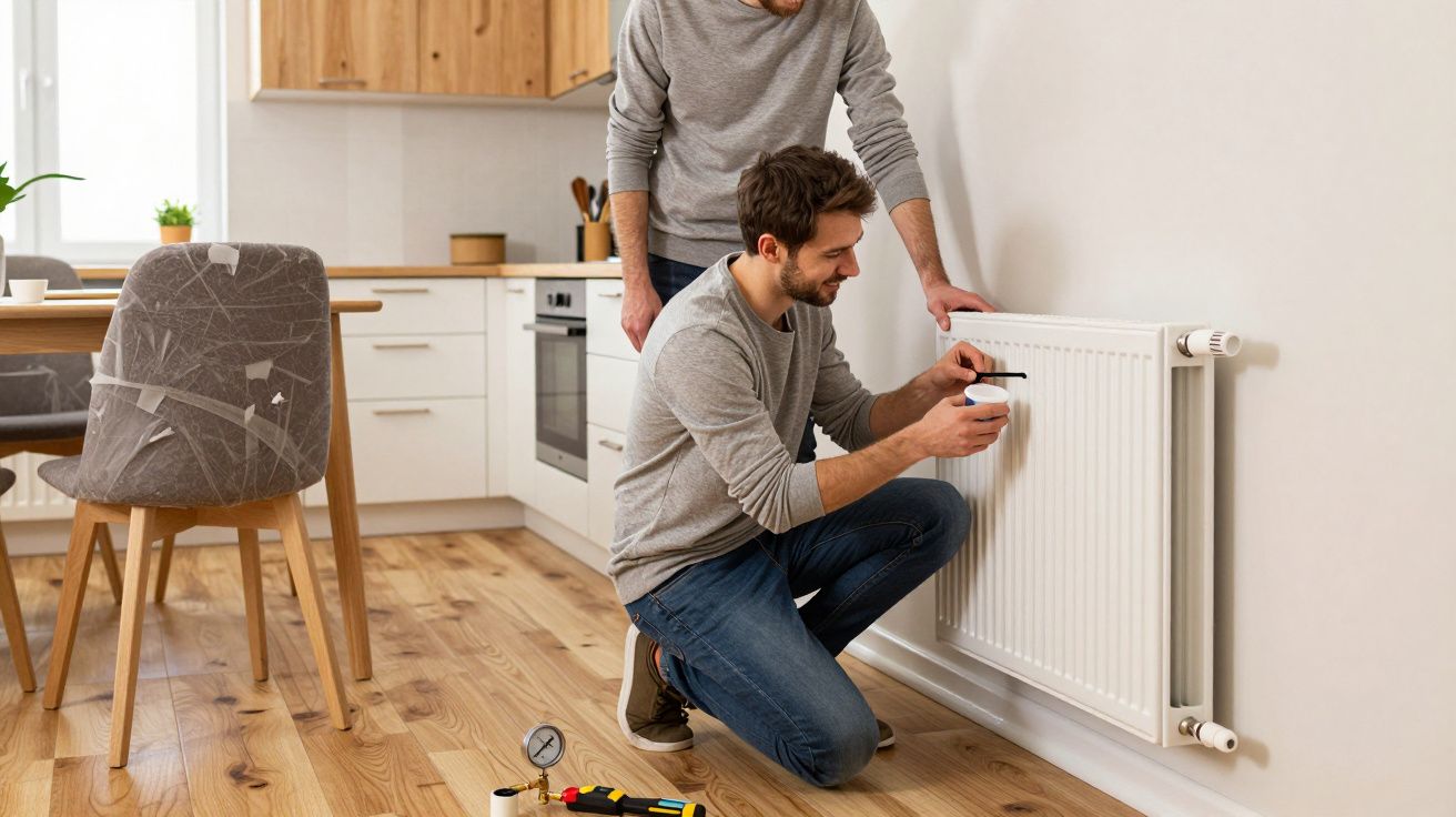 Two men in a kitchen adjust a white radiator with a thermometer and tools on the floor.