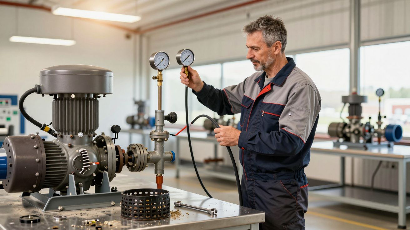 A technician in a workshop adjusts gauges on industrial machinery, wearing a grey and blue work uniform.