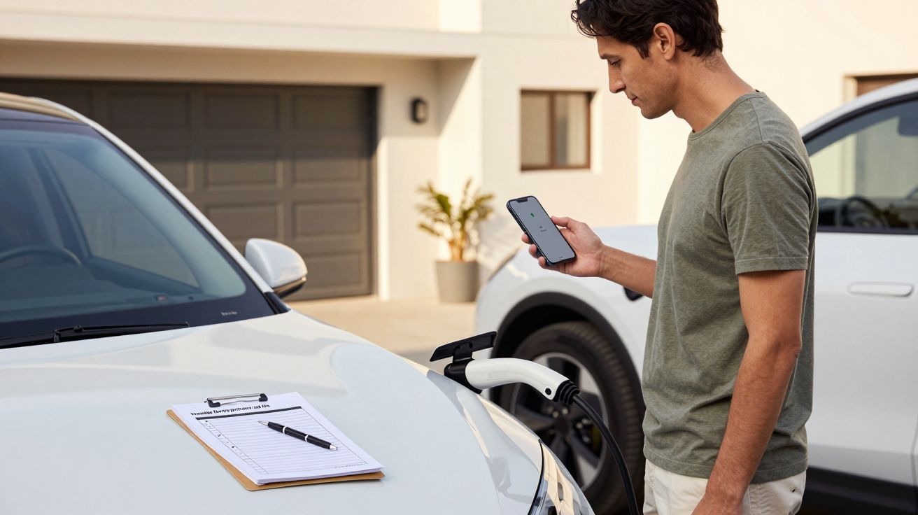 Man in green shirt using smartphone while electric car charges; clipboard and pen on car bonnet.