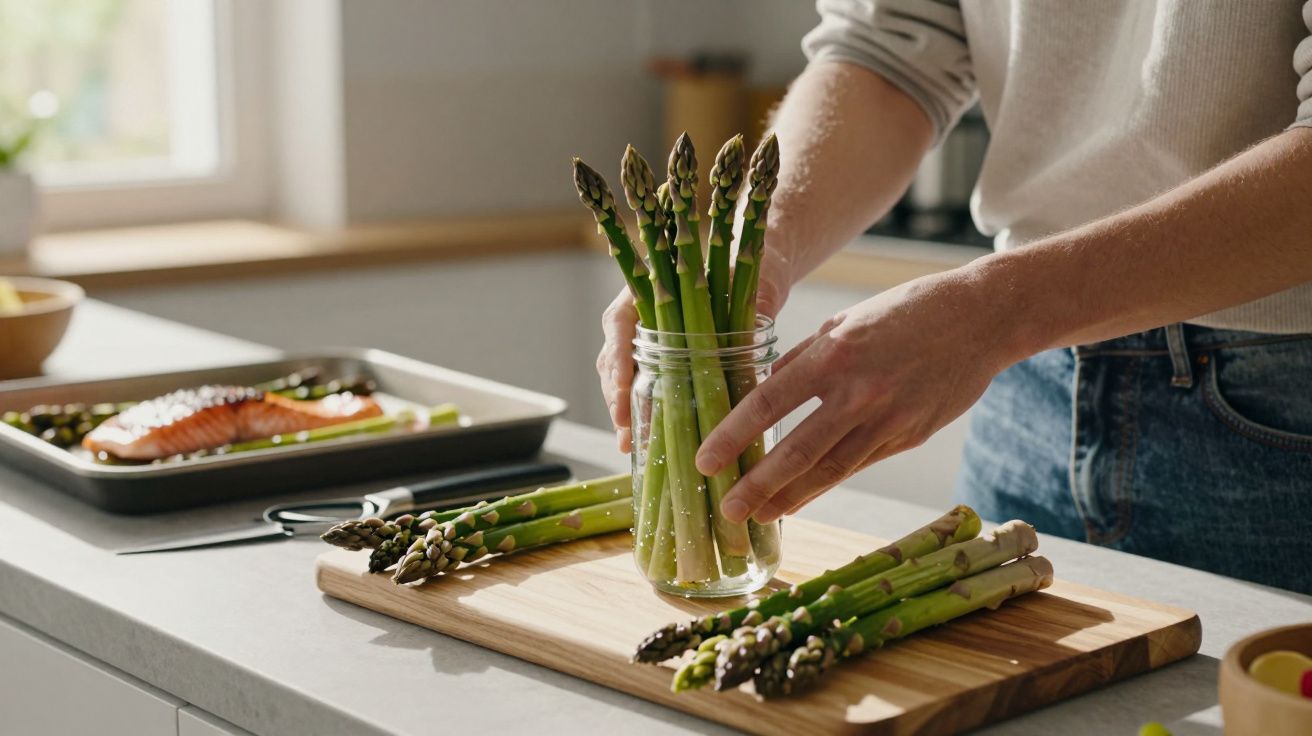 Person arranging fresh asparagus in a jar on a cutting board, with a salmon tray in the background.
