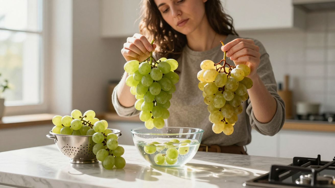 Woman washing green grapes in a kitchen, holding two bunches over a bowl of water with a colander nearby on the counter.
