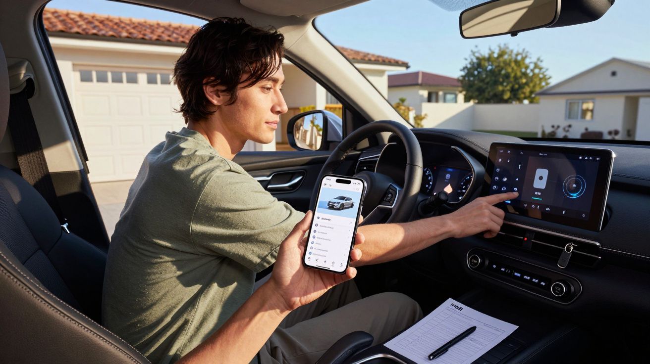 Man in car using a smartphone app and touchscreen to control the vehicle's features, parked in residential area.