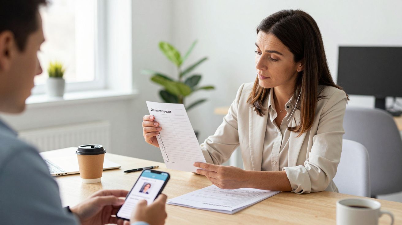 Woman in office reviews CV with cup of coffee nearby; man in foreground checks profile on smartphone.