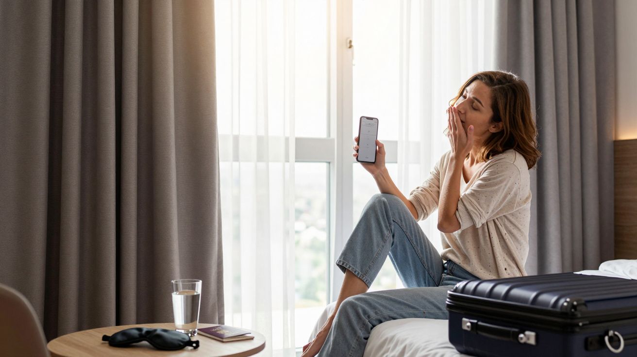 Woman sitting on hotel bed, holding phone, yawning, with suitcase and table in foreground.