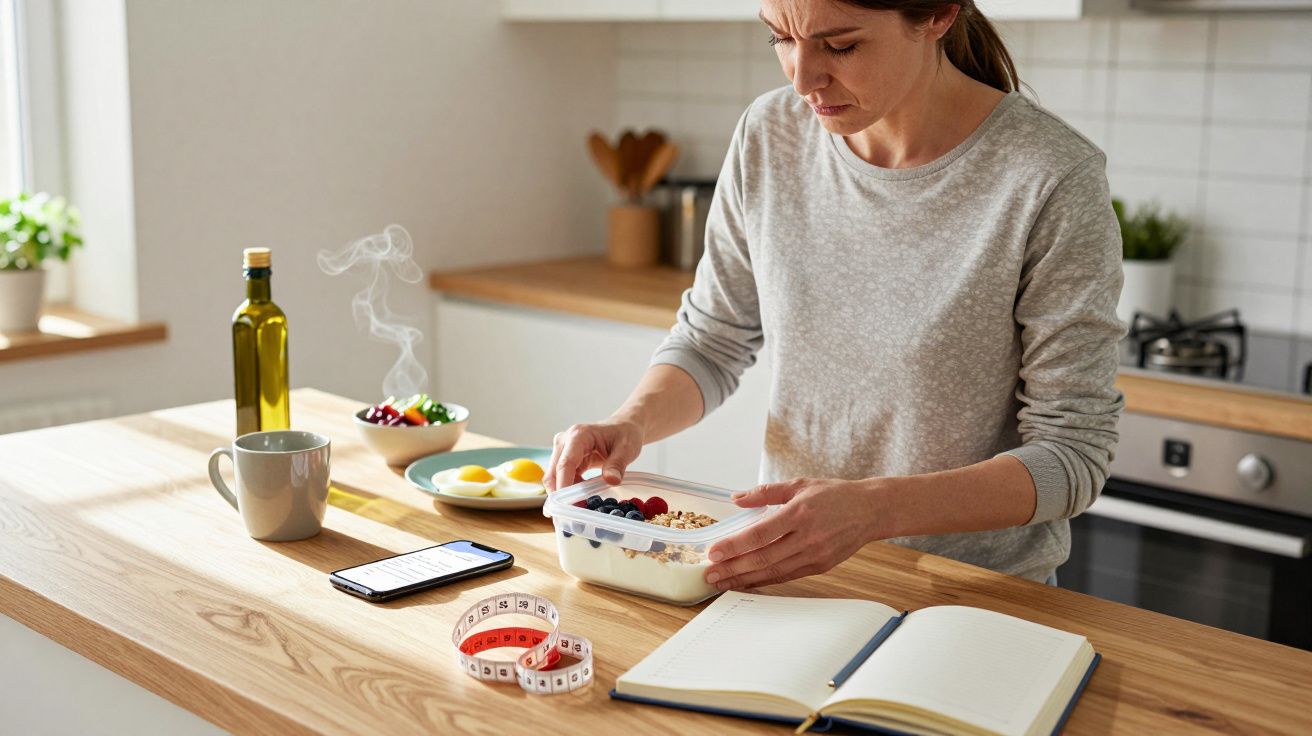 Woman in kitchen preparing a healthy meal, measuring tape and notebook on counter.