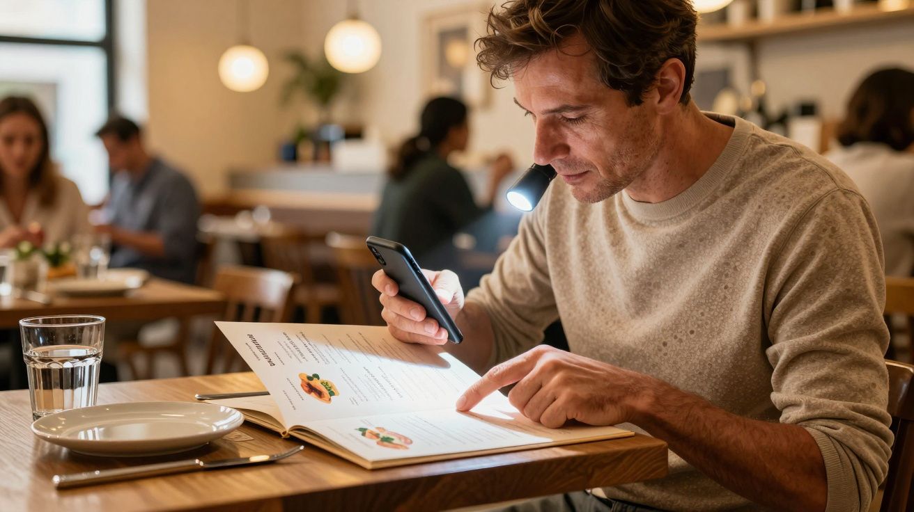Man in cafe using phone flashlight to read menu.