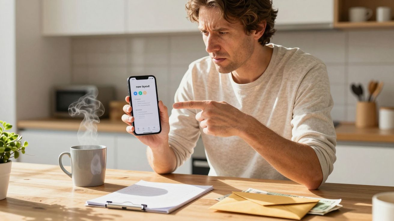 Man pointing at phone screen in kitchen, with a steaming cup, notebook, and envelopes on the table.