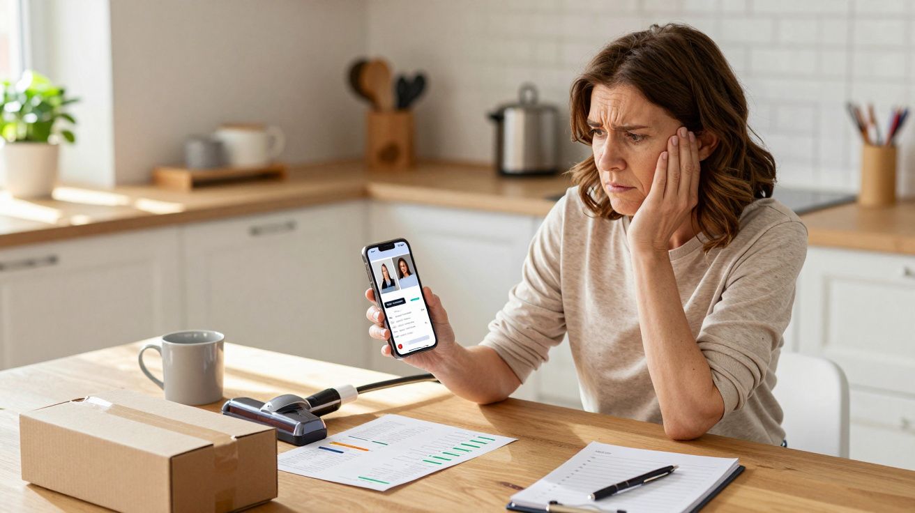 Concerned woman in kitchen looks at phone, with package and papers on table.