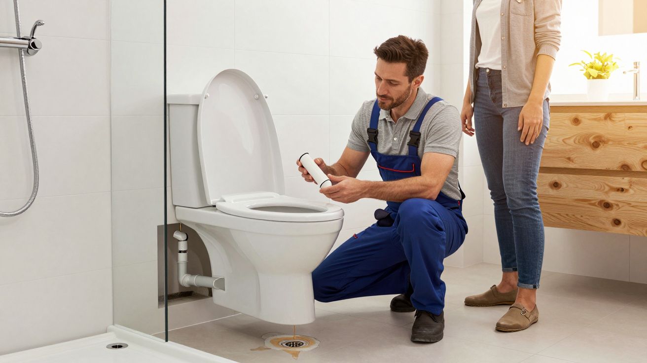 Plumber fixing toilet while woman observes in bathroom.