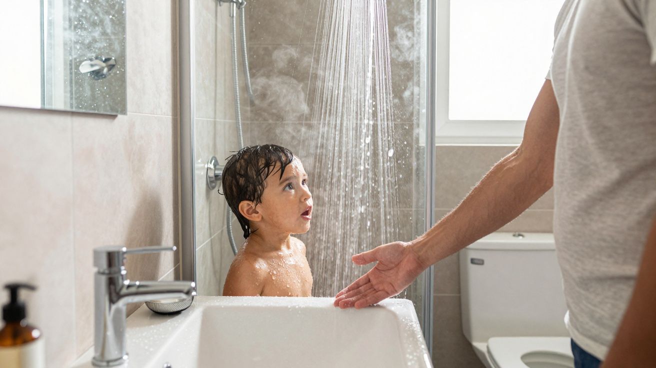 Child in a shower looking up at an adult gesturing, in a beige-tiled bathroom.