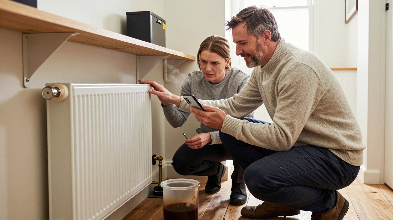 Two people inspecting a radiator with tools and a smartphone, container on floor, in a well-lit room.
