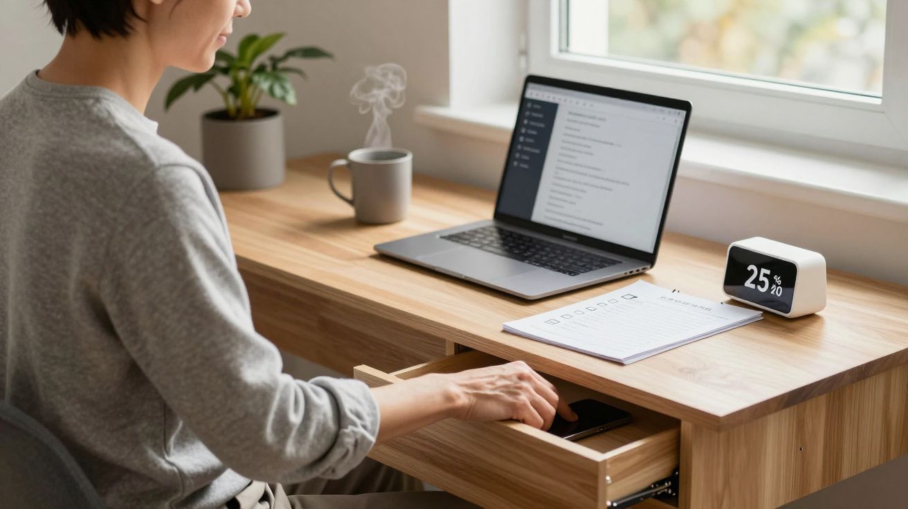 Person working at a desk with a laptop, notebook, plant, and digital clock, opening a drawer, near a window.