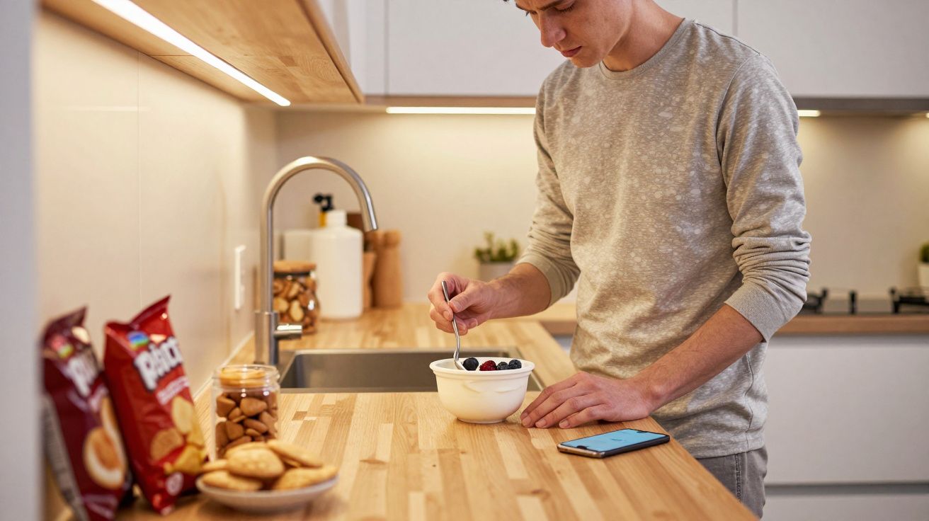 Man in kitchen eating a bowl of yoghurt and berries, with smartphone and snacks on the counter.