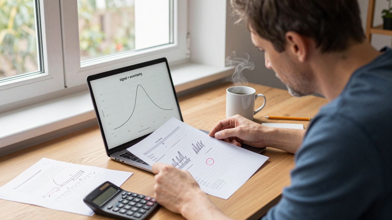 Man analyses graph with laptop, calculator, and coffee on the desk.