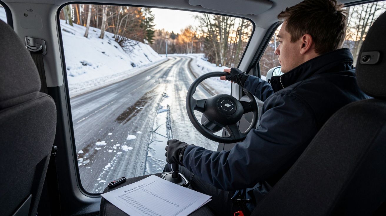 Person driving a vehicle on an icy road with snow-covered trees, holding the steering wheel and a sheet on the dashboard.